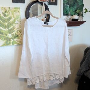 Terzo Millennio White Linen Blouse Crochet Trim Hi Lo Hem. Cottagecore, Peasant